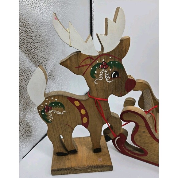 Vintage Wooden Christmas Reindeer & Sleigh Set Holiday Xmas Wooden Decor *AS IS* - Picture 7 of 16